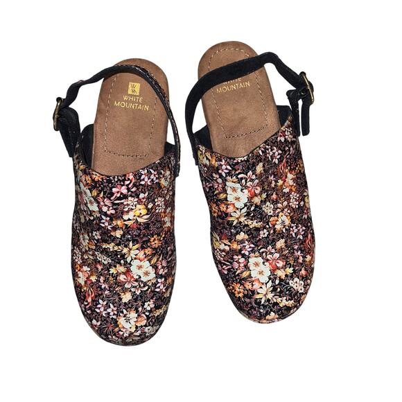 White Mountain 10 M leather uppers black floral platform adj back strap clog - Picture 5 of 10